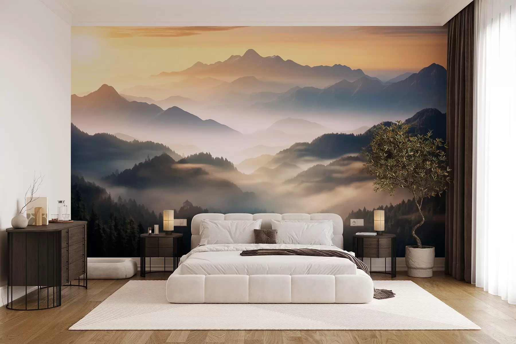 murales de pared Sereno paisaje de montaña al amanecer, con suave bruma envolviendo los pinos w08748