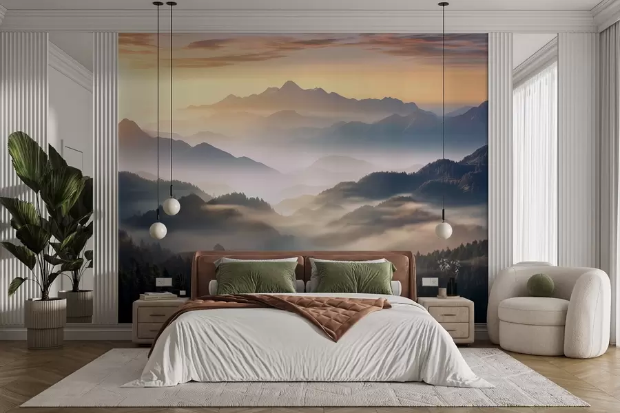 murales de pared Sereno paisaje de montaña al amanecer, con suave bruma envolviendo los pinos w08748
