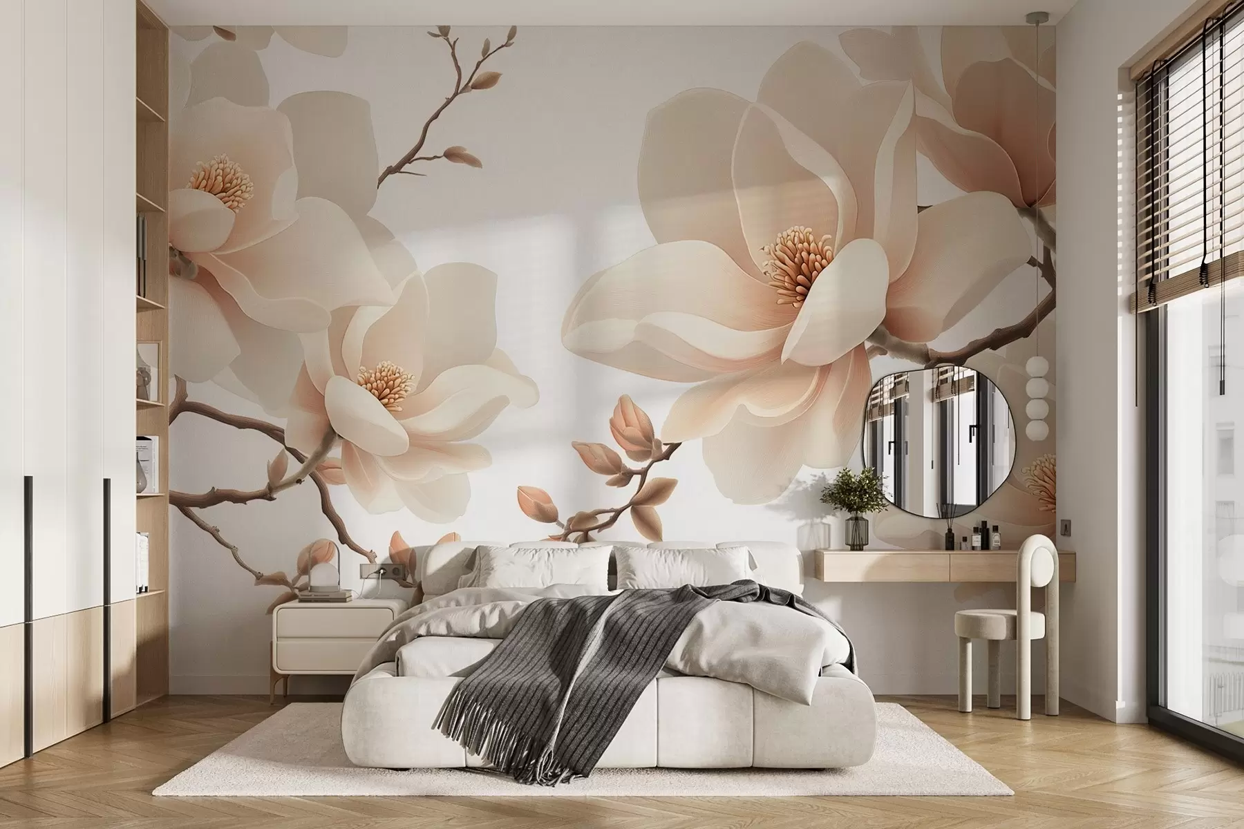 murales de pared Ramas de magnolia de color crema sobre fondo blanco w08755