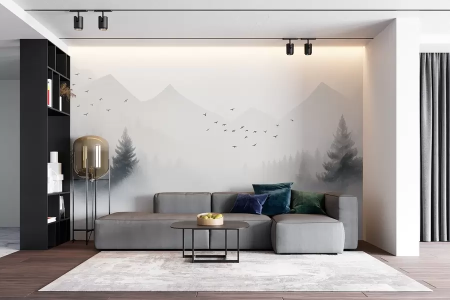 murales de pared Sereno bosque invernal en la ladera de una montaña en tonos blancos y grises claros w08756