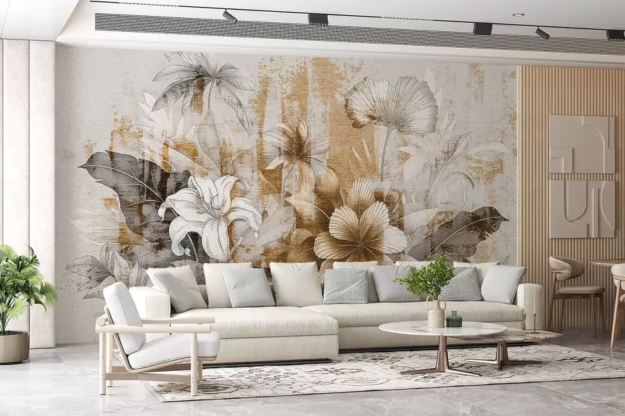 murales de pared Diseño vintage con flores y plantas exóticas w08767