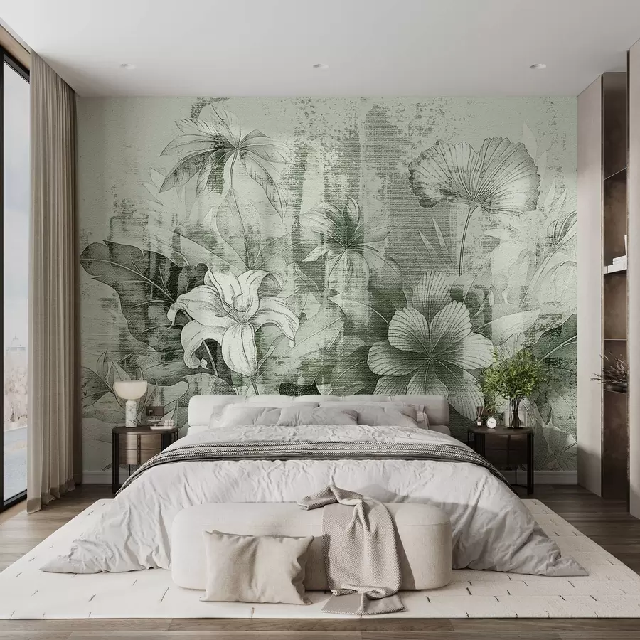 murales de pared Diseño vintage con flores y plantas exóticas w08767v3
