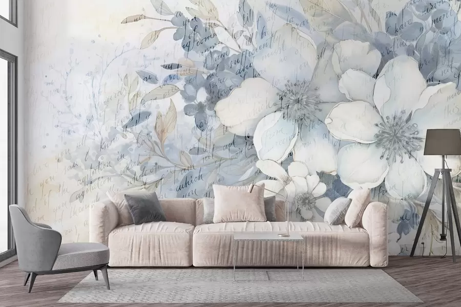 murales de pared Una suave imitación de pared con textura de flores blancas y azules, sobre un fondo pálido con un tenue texto manuscrito w08771