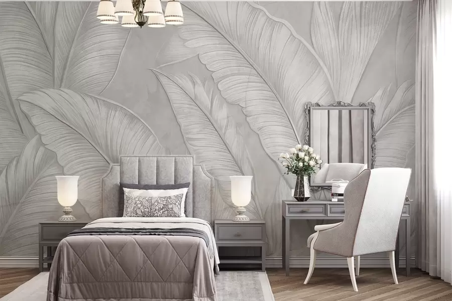 murales de pared Grandes hojas tropicales detalladas con gran textura en un color gris claro monocromático de estilo loft  w08772