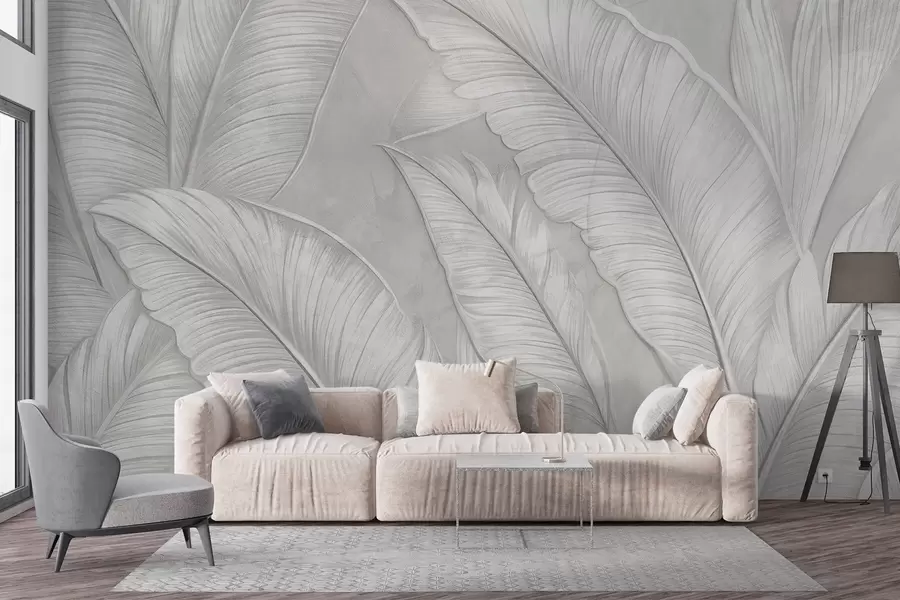 murales de pared Grandes hojas tropicales detalladas con gran textura en un color gris claro monocromático de estilo loft  w08772