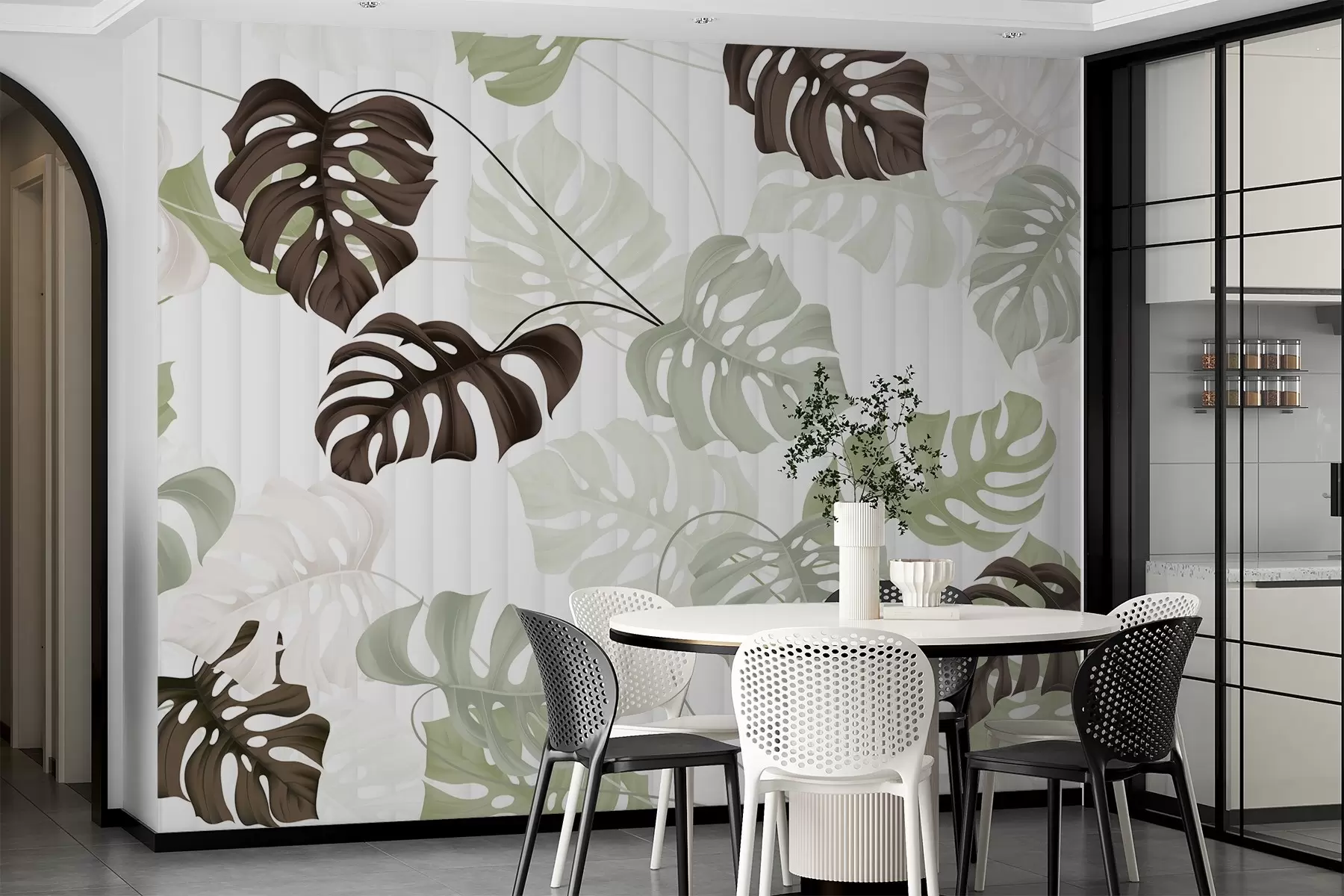 murales de pared Hojas de Monstera en tonos verdes, blancos y marrones oscuros, sobre un fondo claro de textura rayada w08773
