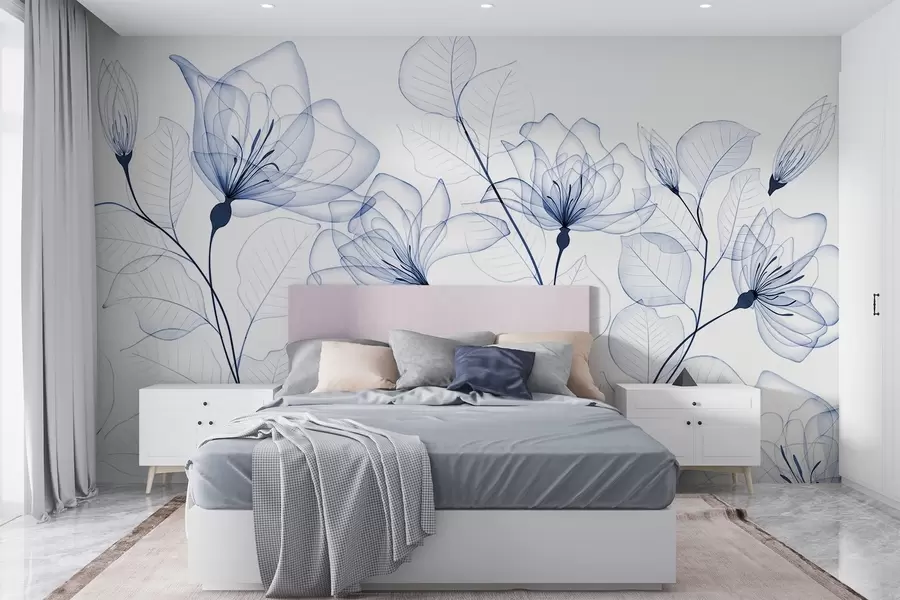 murales de pared Delicadas flores azules minimalistas con pétalos y hojas transparentes, sobre fondo blanco w08776
