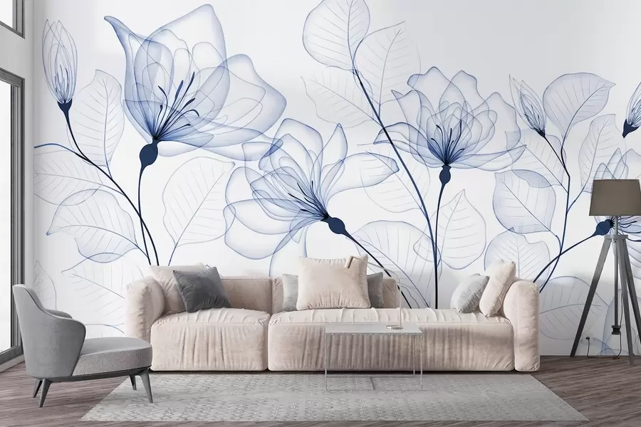 murales de pared Delicadas flores azules minimalistas con pétalos y hojas transparentes, sobre fondo blanco w08776