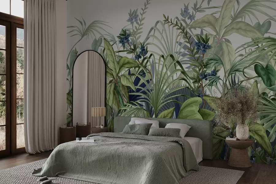 murales de pared Arreglo de varias plantas tropicales con grandes hojas verdes, creando una exuberante escena de follaje sobre un color beige claro  w08777