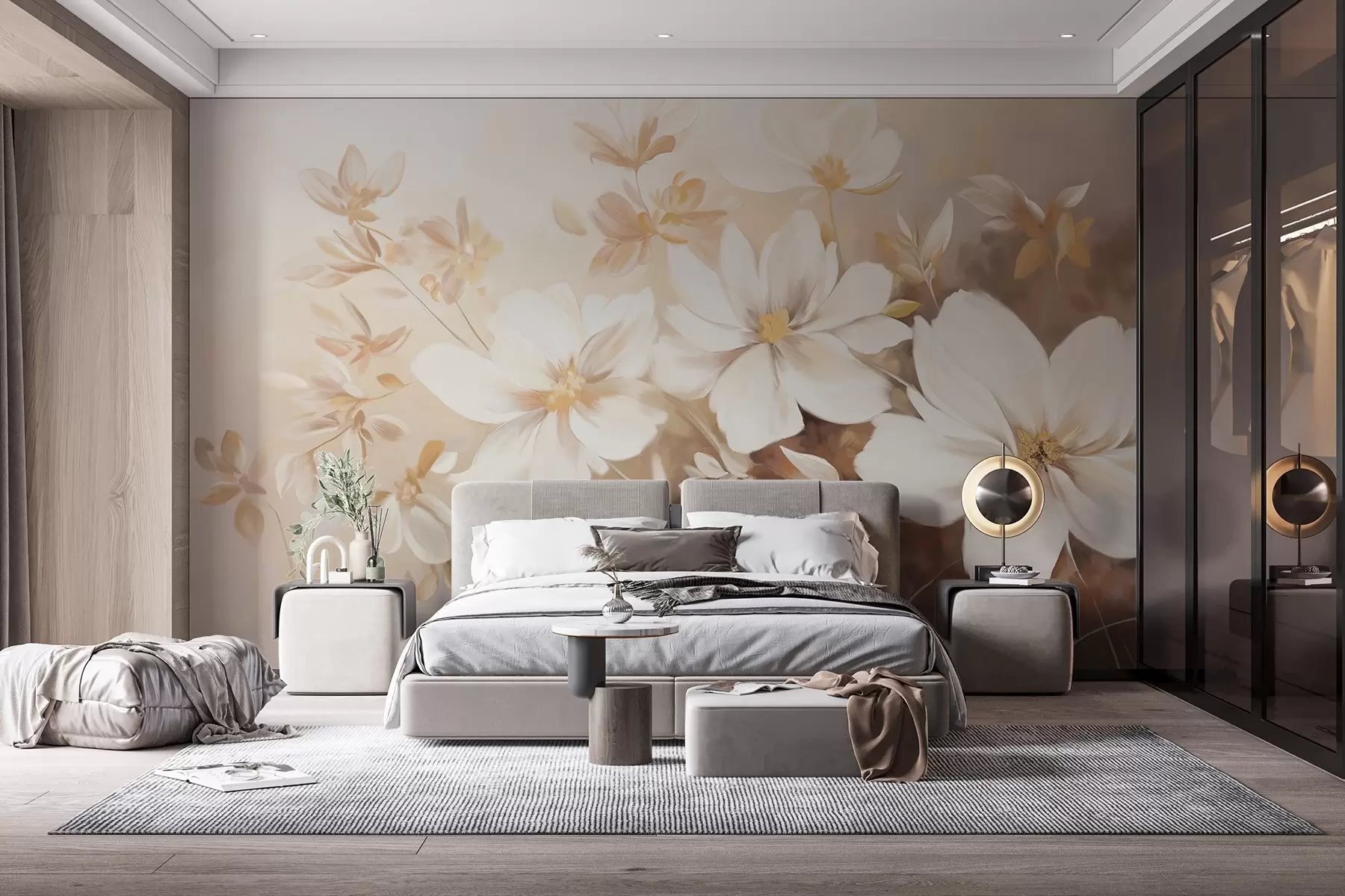 murales de pared Flores pintadas de blanco con suaves pétalos y delicadas hojas, sobre un fondo beige claro y crema w08780