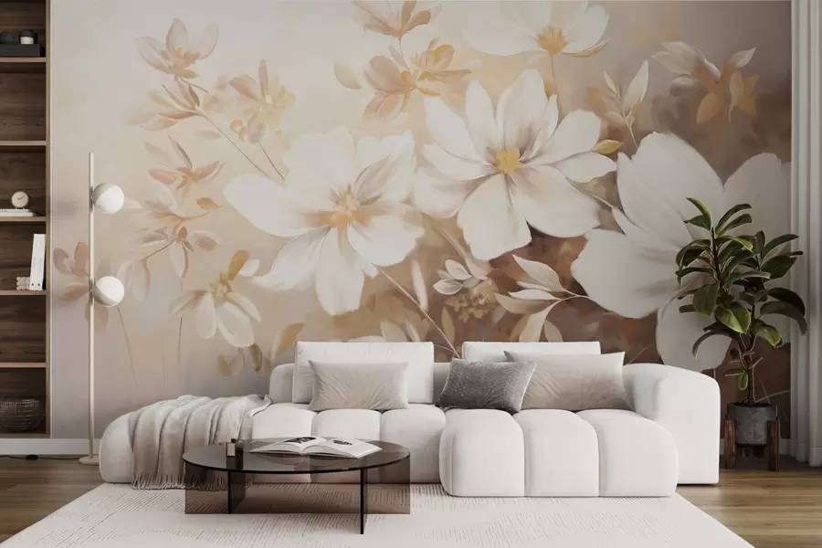 murales de pared Flores pintadas de blanco con suaves pétalos y delicadas hojas, sobre un fondo beige claro y crema w08780