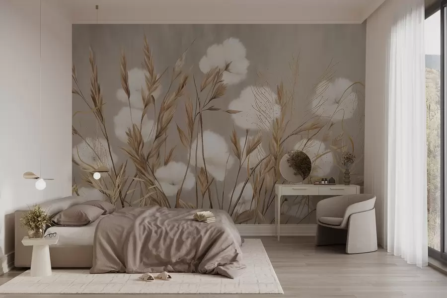 murales de pared Flores blancas de algodón suave y esponjoso y altas espiguillas de hierba anaranjadas sobre un fondo beige de textura apagada w08784