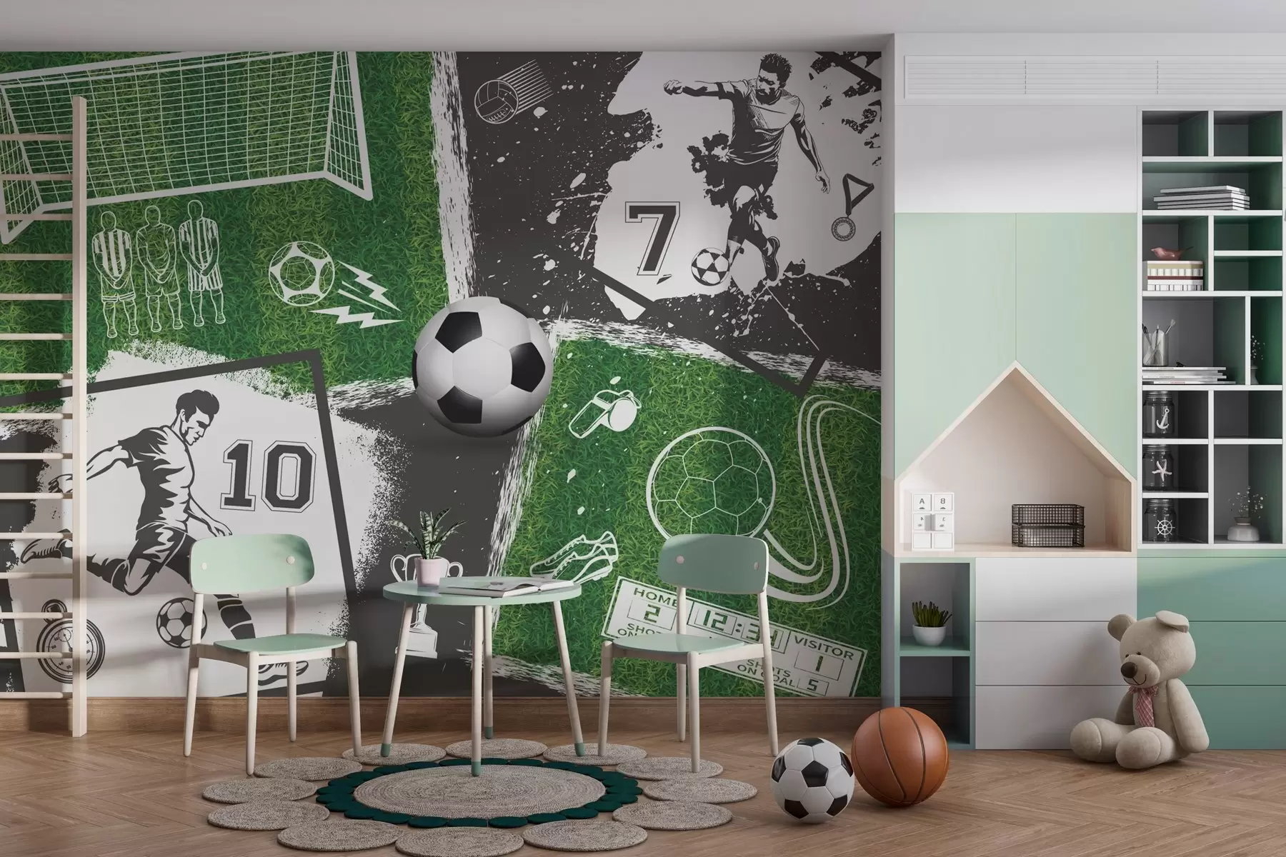 murales de pared Jugadores de fútbol, balón y campo w03121