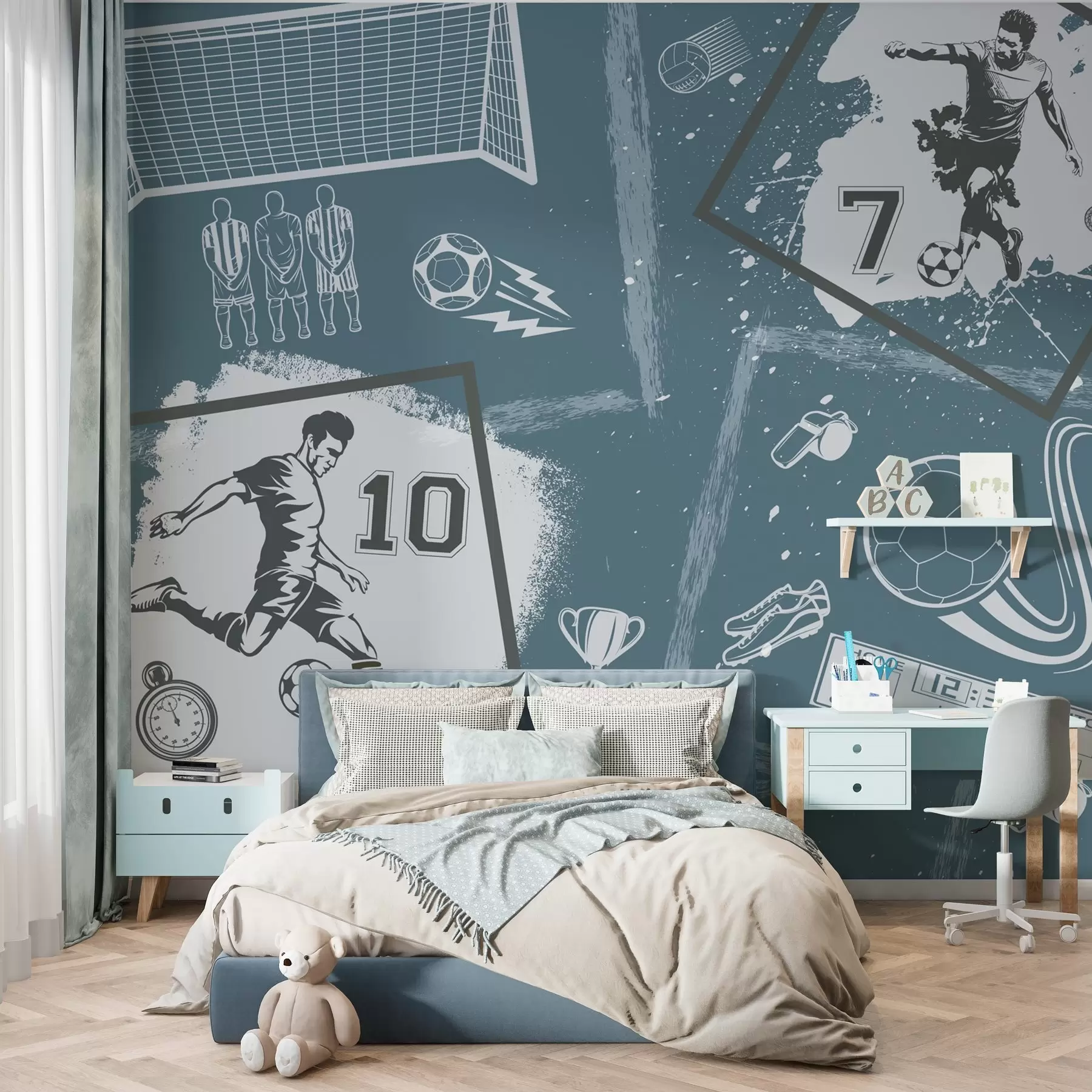 murales de pared Jugadores de fútbol, balón y otros atributos futbolísticos en tonos azules w03122