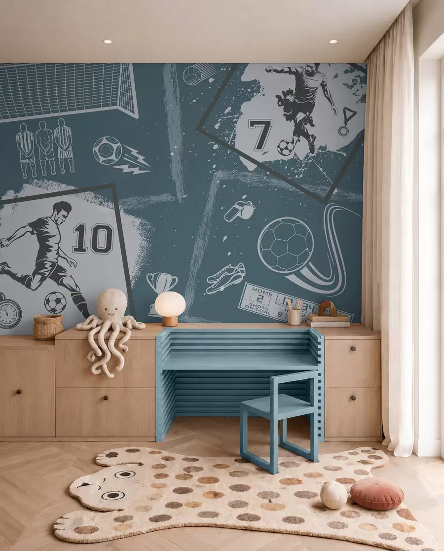 murales de pared Jugadores de fútbol, balón y otros atributos futbolísticos en tonos azules w03122
