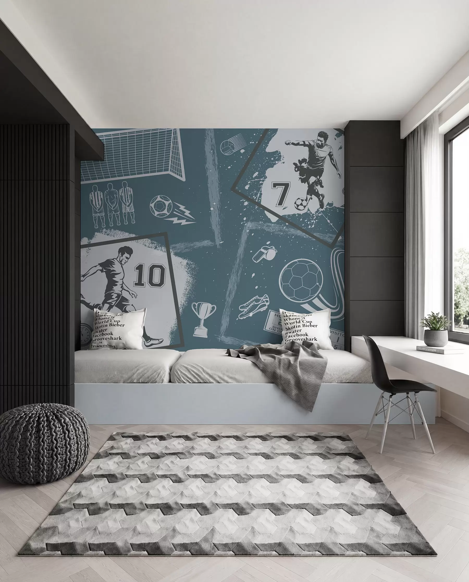 murales de pared Jugadores de fútbol, balón y otros atributos futbolísticos en tonos azules w03122