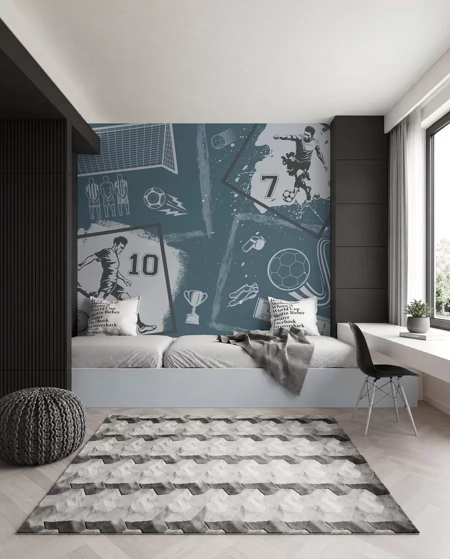 murales de pared Jugadores de fútbol, balón y otros atributos futbolísticos en tonos azules w03122