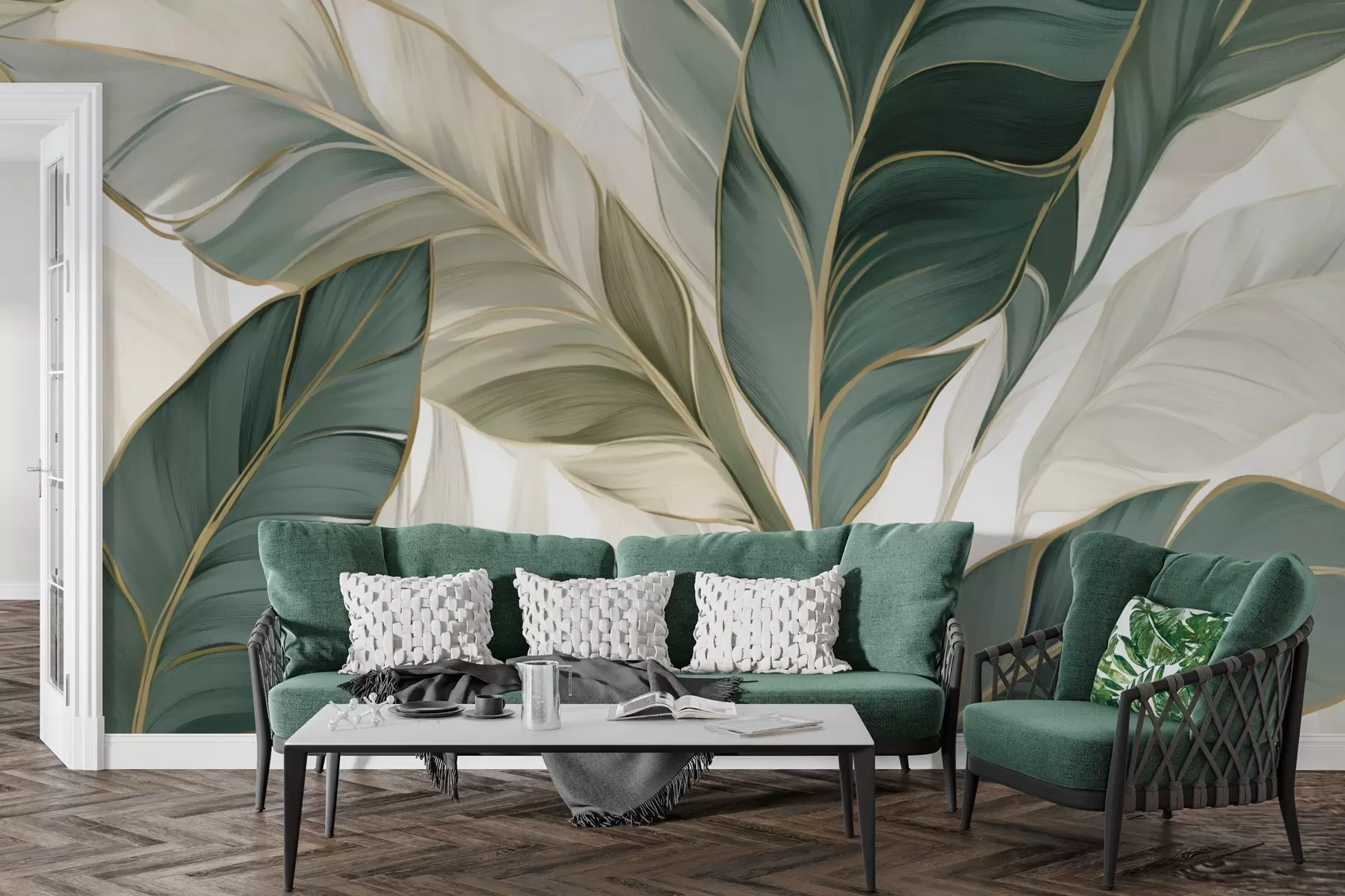 murales de pared Hojas tropicales verdes sobre fondo gris y blanco w03124