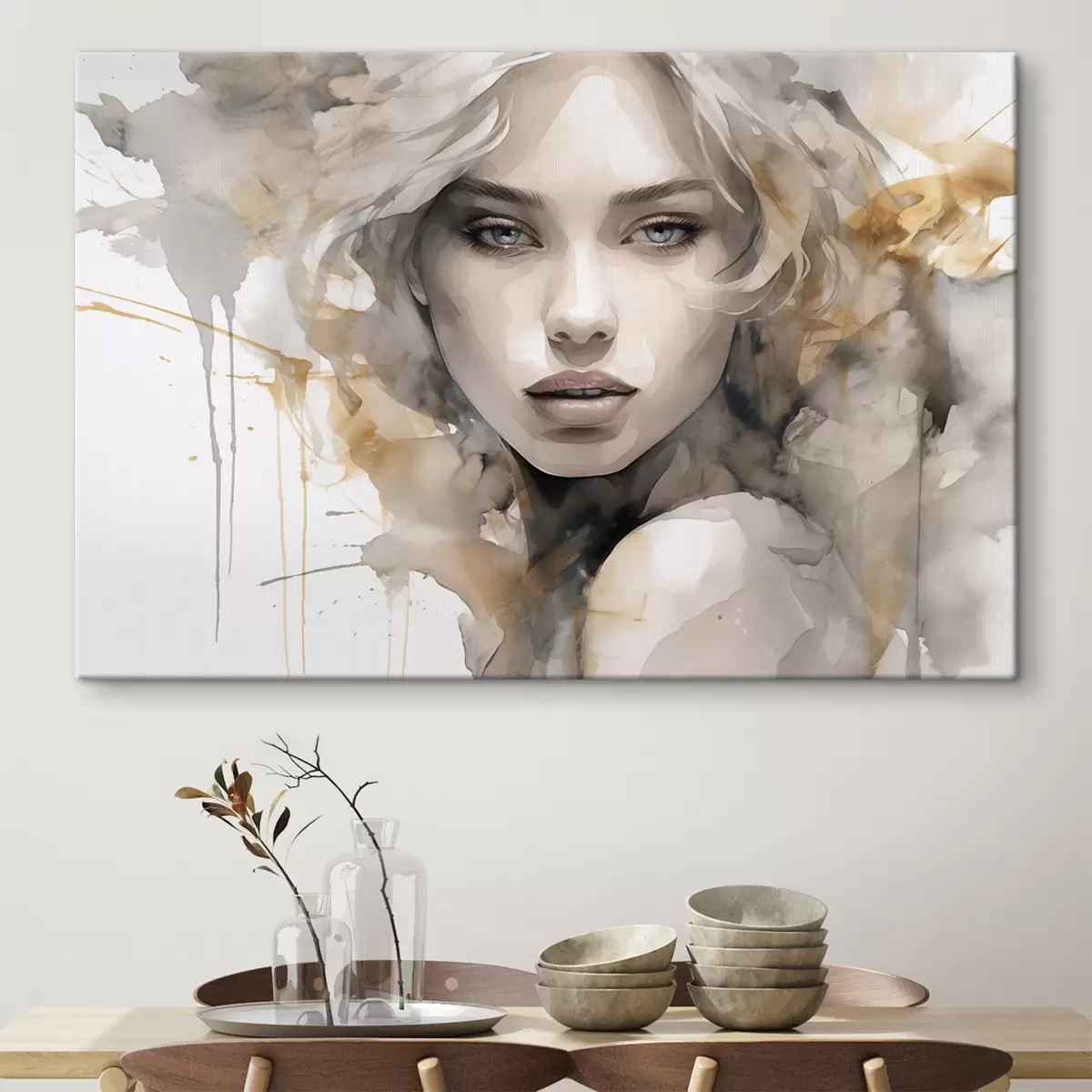 murales de pared Elegante retrato artístico de una mujer en estilo acuarela s42928