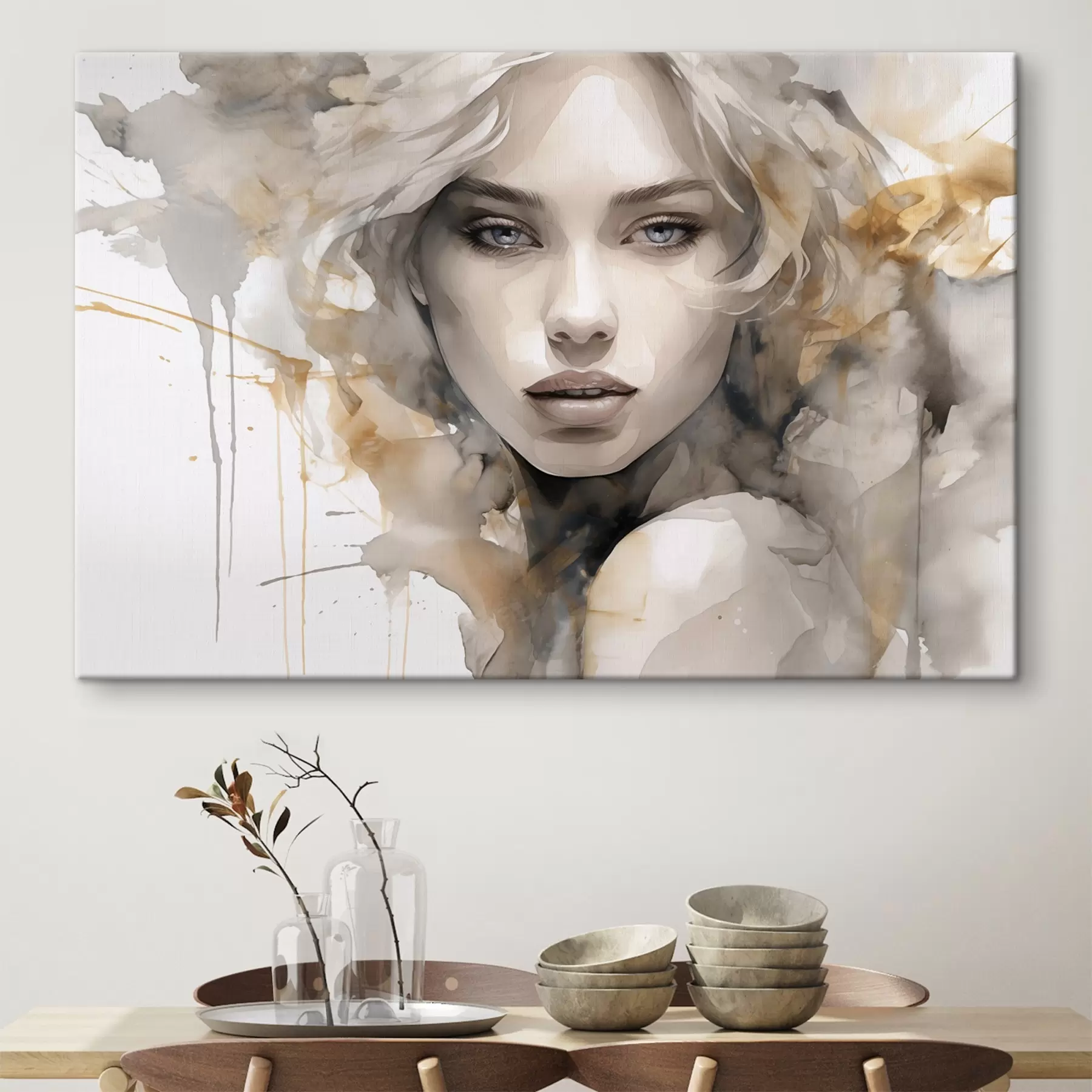 murales de pared Elegante retrato artístico de una mujer en estilo acuarela s42928