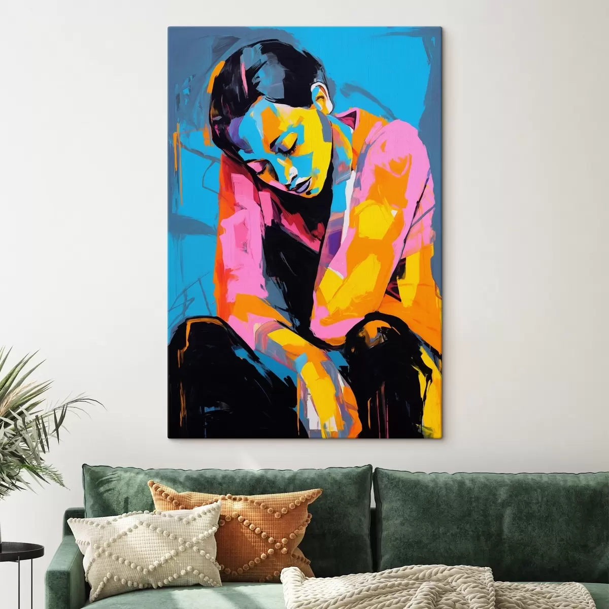 murales de pared Retrato abstracto de una persona pensativa en colores vibrantes s42936