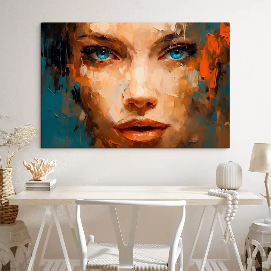 murales de pared Retrato abstracto de una mujer con pinceladas atrevidas y llamativos ojos azules s42939