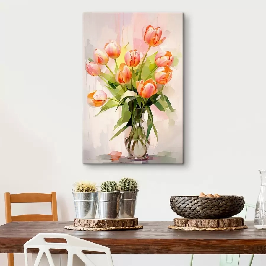 murales de pared Bodegón pictórico con tulipanes en un jarrón de cristal sobre fondo claro s42940