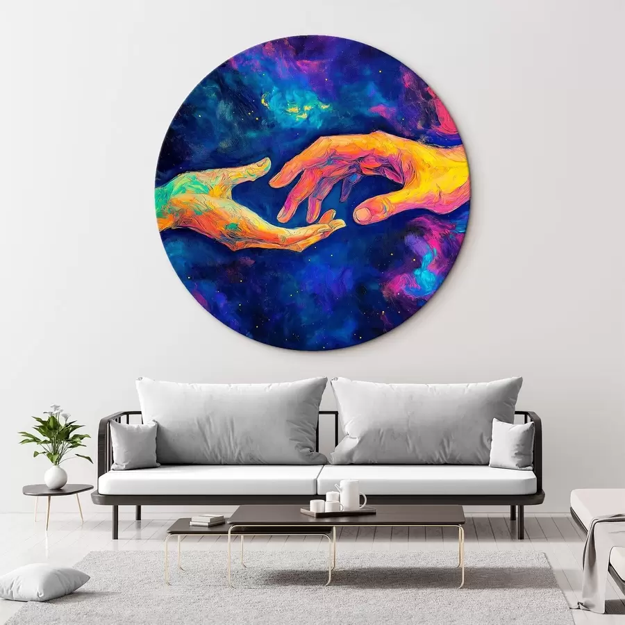 murales de pared Composición abstracta de dos manos que se tienden una a otra, en una paleta de colores vibrantes sobre un fondo cósmico r42937