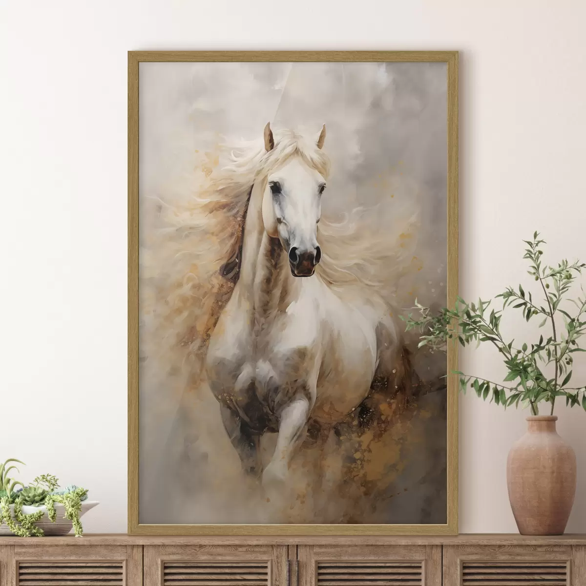 Poster Pintoresco retrato de un caballo blanco en movimiento f42932