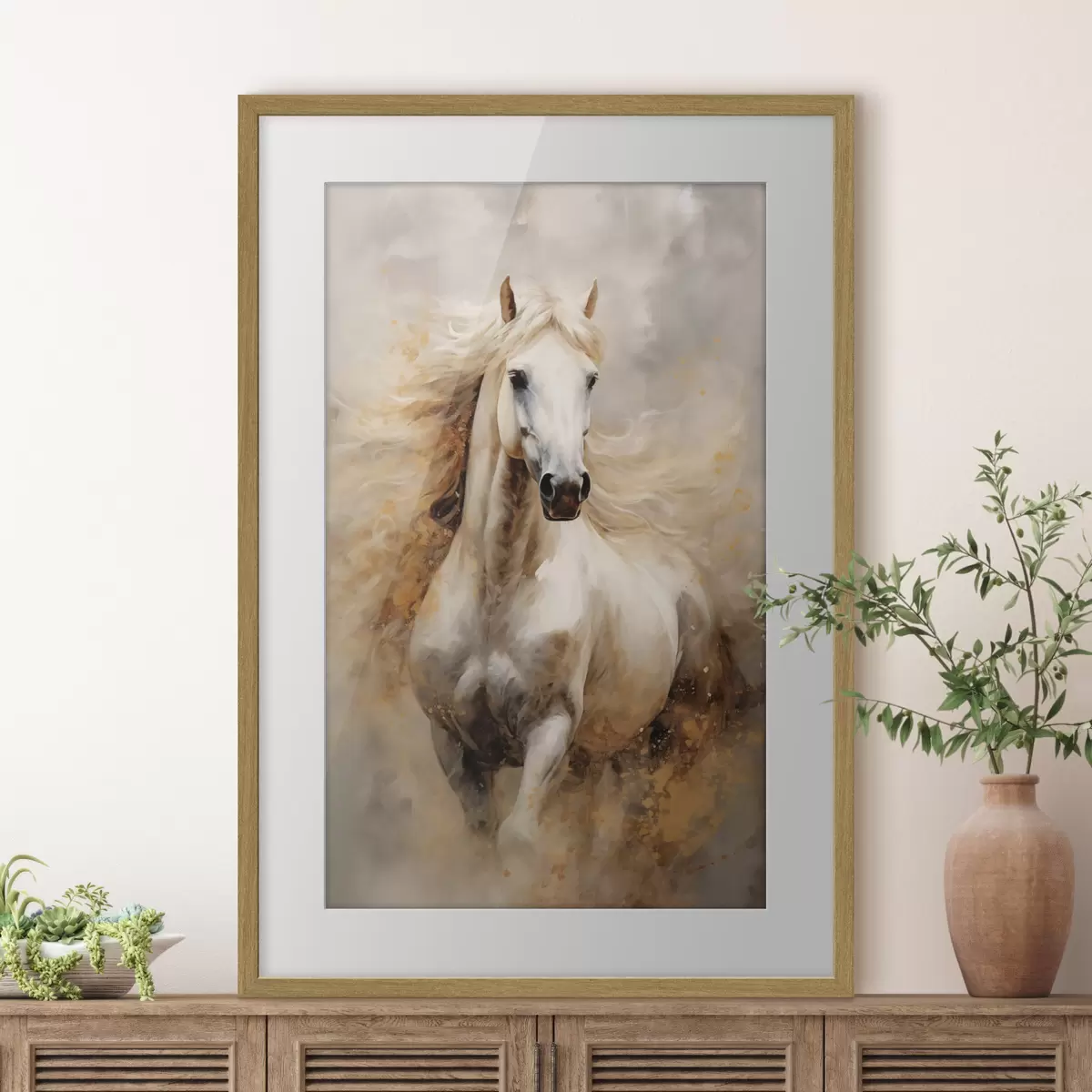 Poster Pintoresco retrato de un caballo blanco en movimiento f42932