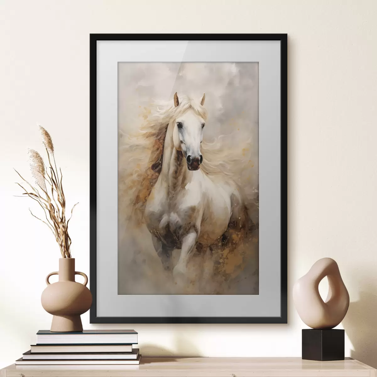 Poster Pintoresco retrato de un caballo blanco en movimiento f42932
