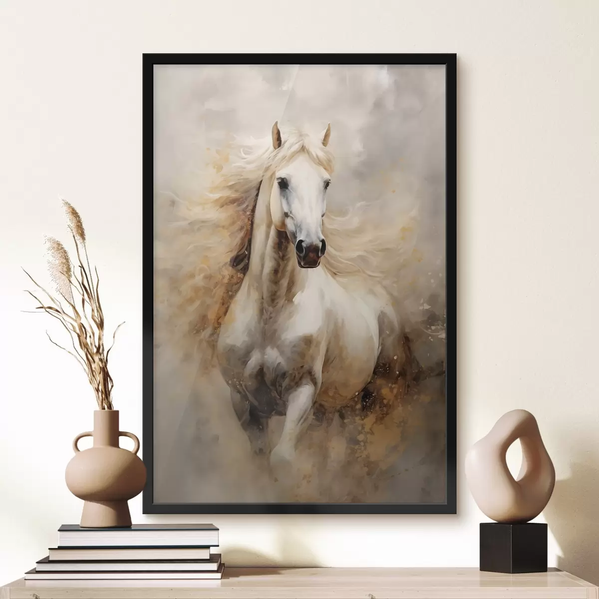 Poster Pintoresco retrato de un caballo blanco en movimiento f42932