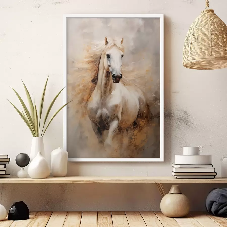 murales de pared Pintoresco retrato de un caballo blanco en movimiento f42932