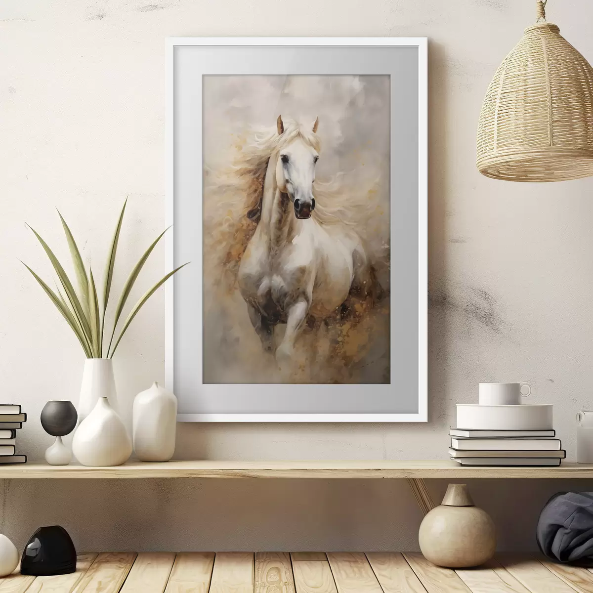 Poster Pintoresco retrato de un caballo blanco en movimiento f42932