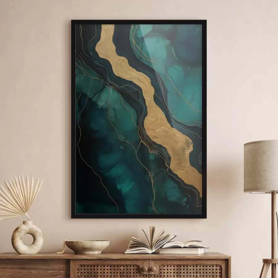 murales de pared Estampado abstracto con profundos tonos verdes y un cálido elemento de contraste f42934