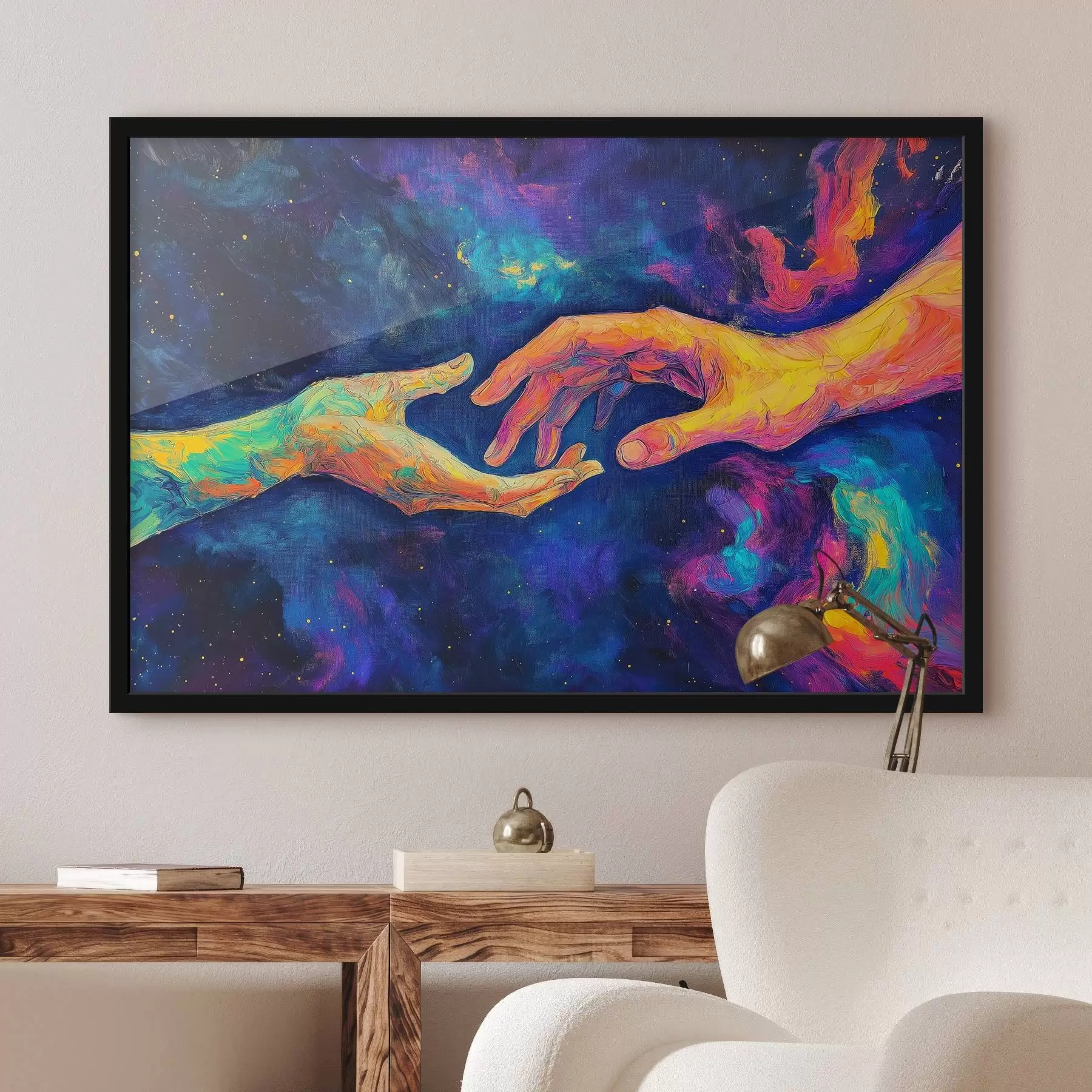 murales de pared Composición abstracta de dos manos que se tienden una a otra, en una paleta de colores vibrantes sobre un fondo cósmico f42937