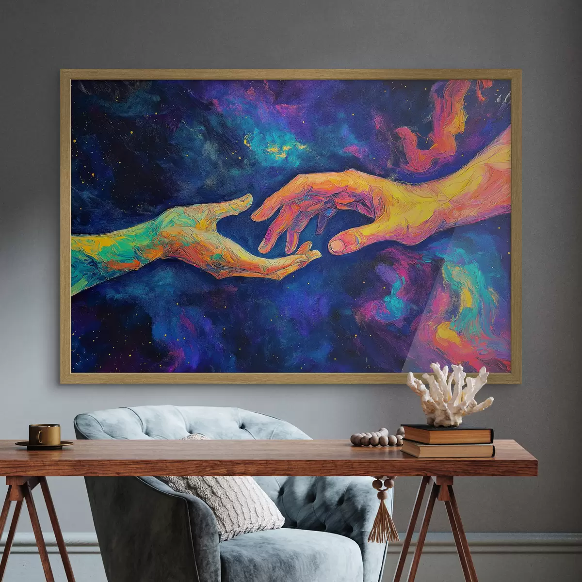 Poster Composición abstracta de dos manos que se tienden una a otra, en una paleta de colores vibrantes sobre un fondo cósmico f42937