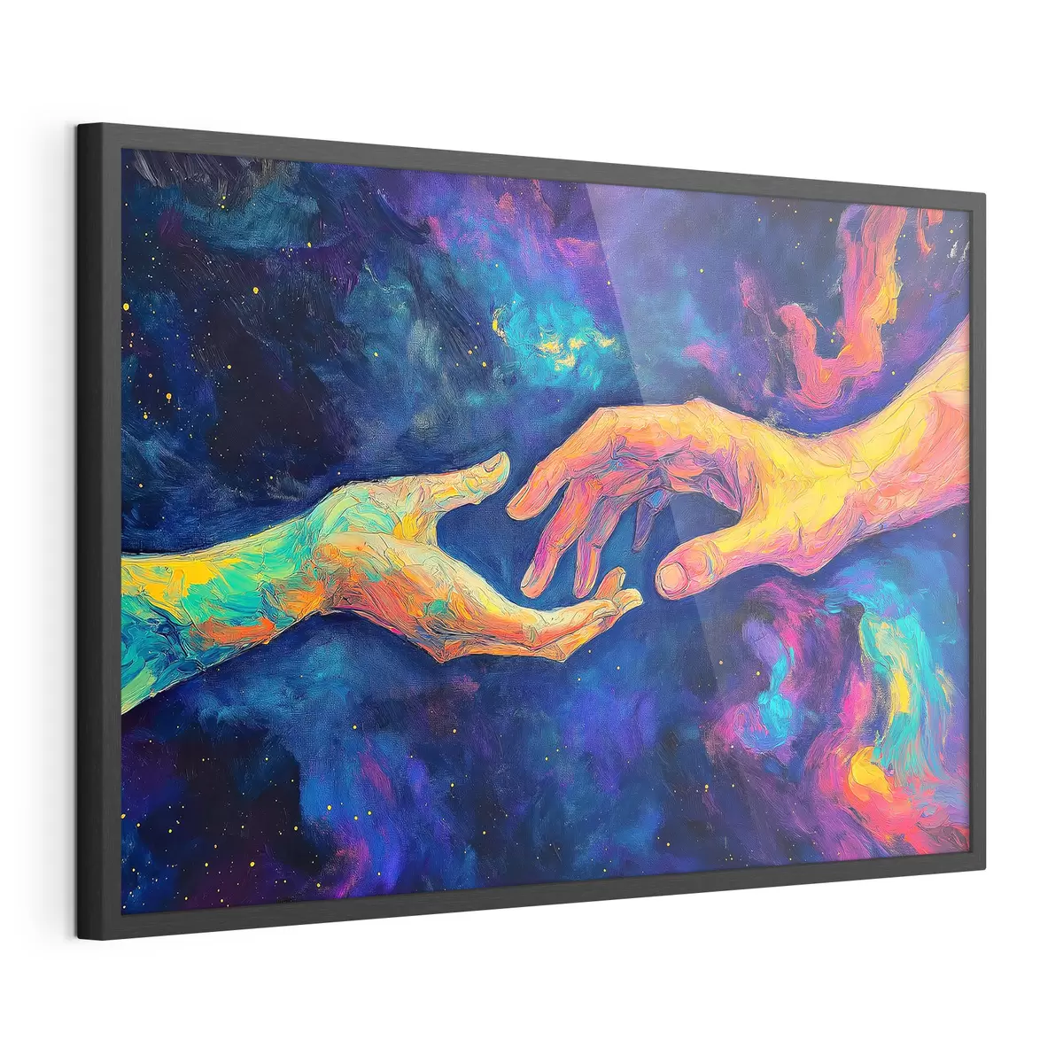 Poster Composición abstracta de dos manos que se tienden una a otra, en una paleta de colores vibrantes sobre un fondo cósmico f42937