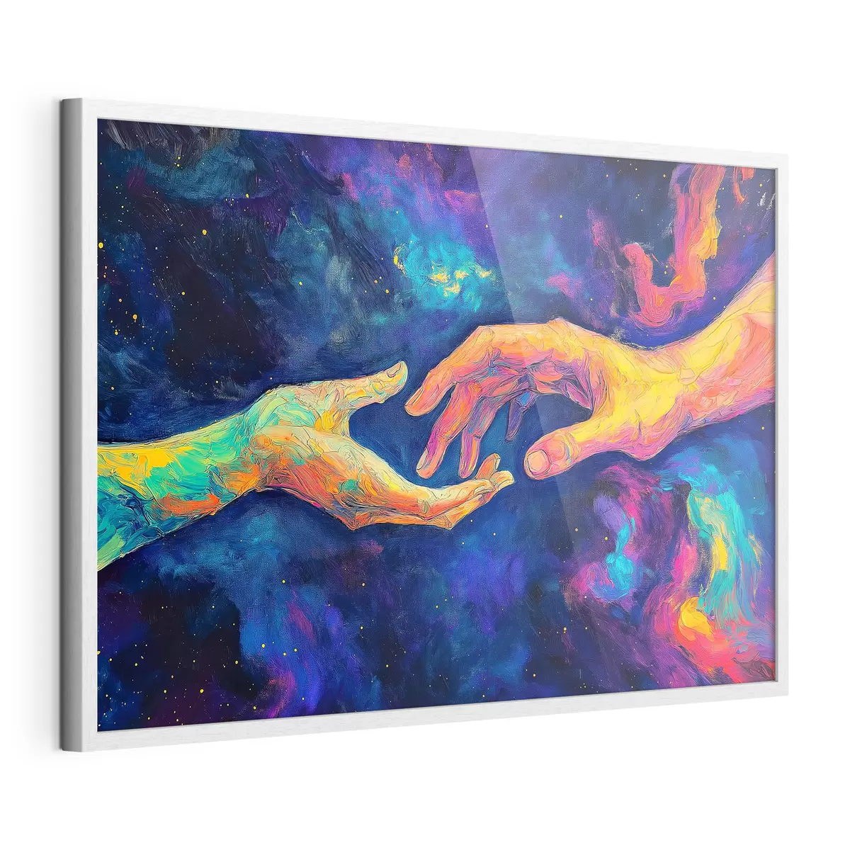 Poster Composición abstracta de dos manos que se tienden una a otra, en una paleta de colores vibrantes sobre un fondo cósmico f42937