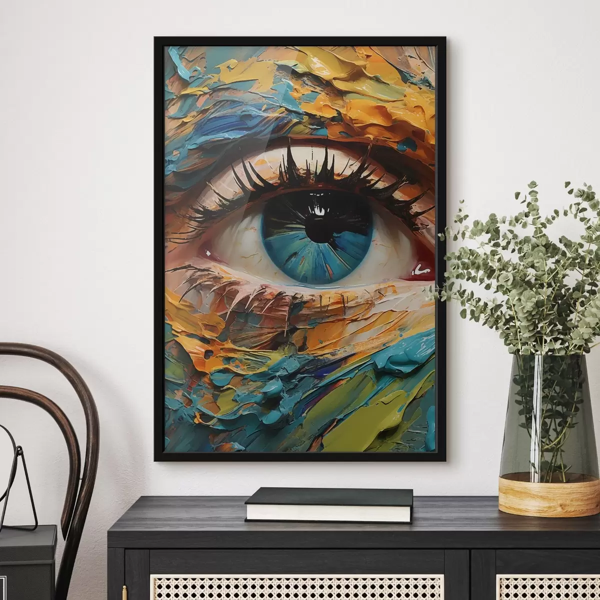 Poster Retrato abstracto de un ojo en colores vibrantes, con efecto de pintura texturizada f42938