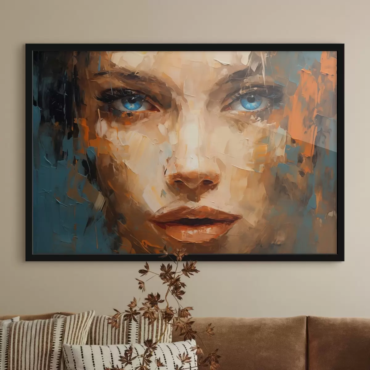 Poster Retrato abstracto de una mujer con pinceladas atrevidas y llamativos ojos azules f42939