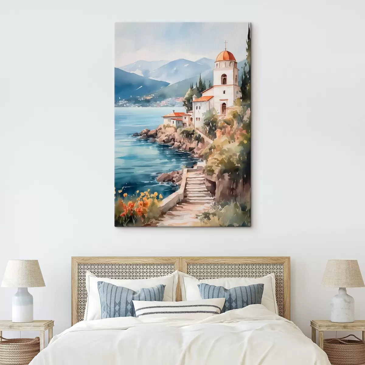 murales de pared Iglesia junto al mar con montañas al fondo s42962