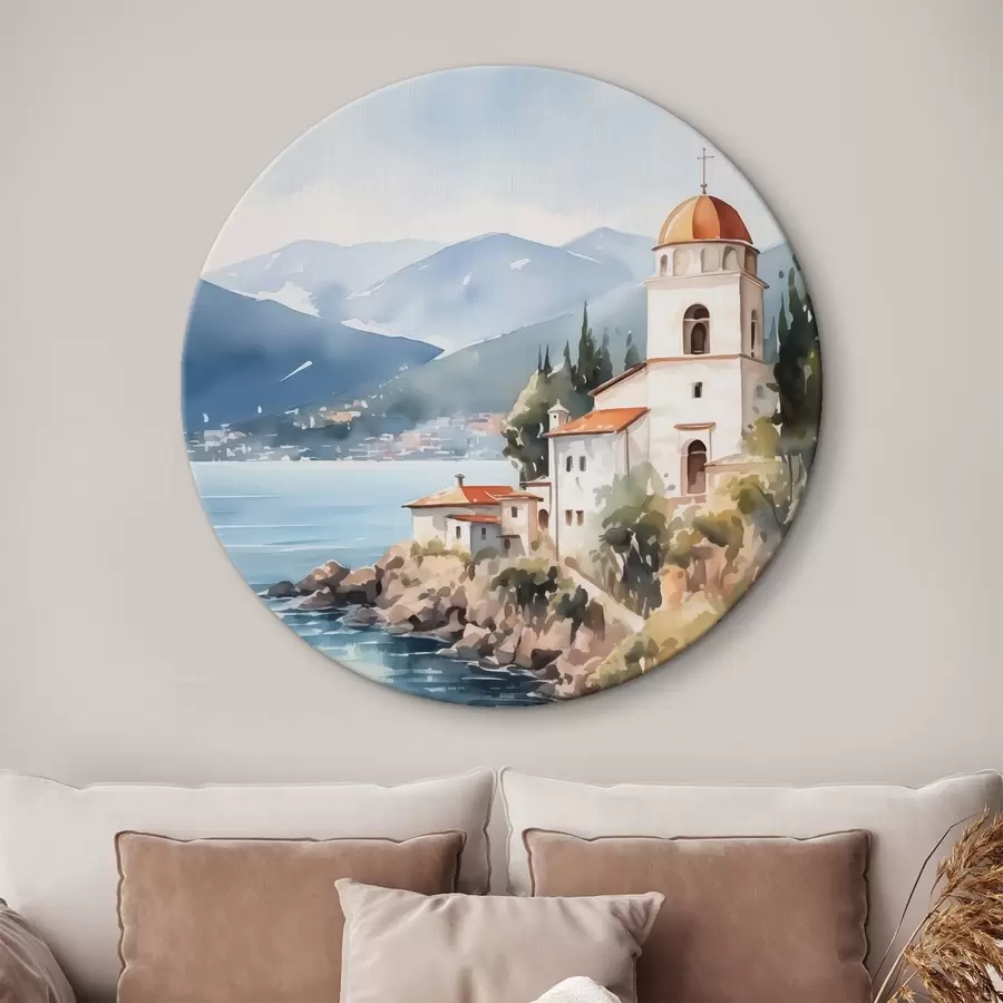 murales de pared Iglesia junto al mar con montañas al fondo r42962