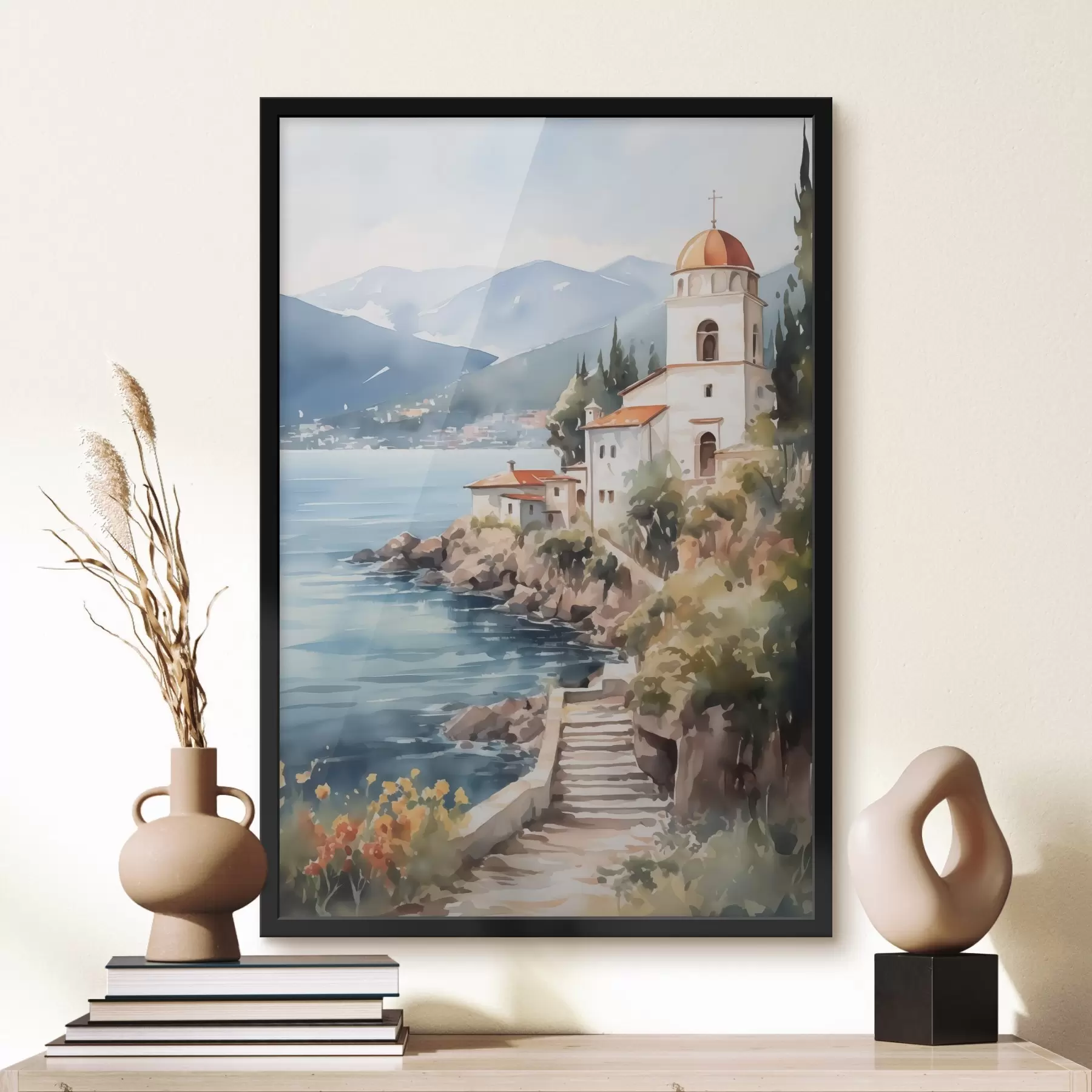 murales de pared Iglesia junto al mar con montañas al fondo f42962