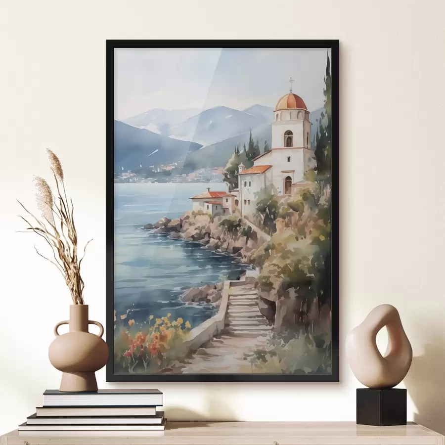 murales de pared Iglesia junto al mar con montañas al fondo f42962