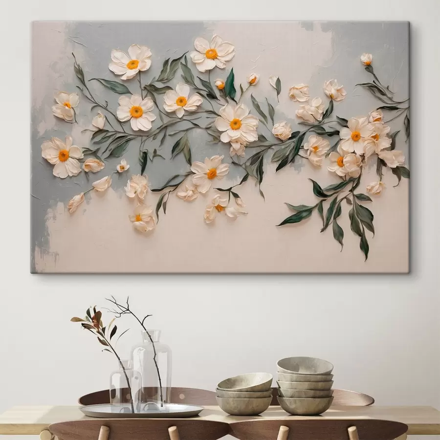 murales de pared Flores y hojas blancas sobre fondo blanco y gris s42764