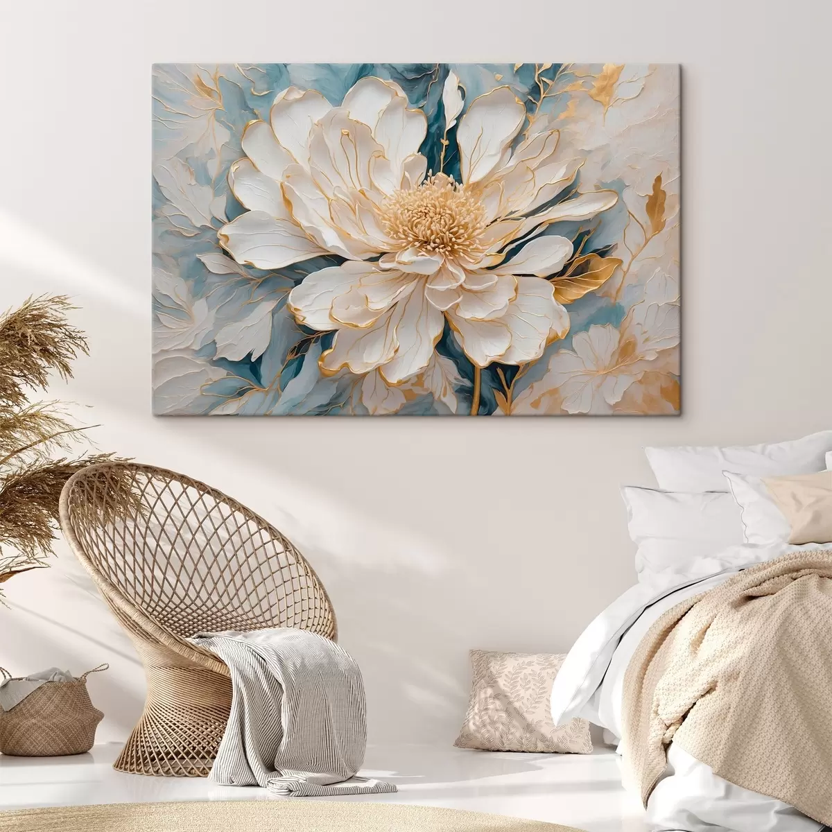 murales de pared Flor blanca con contornos dorados sobre fondo blanco azulado s42923