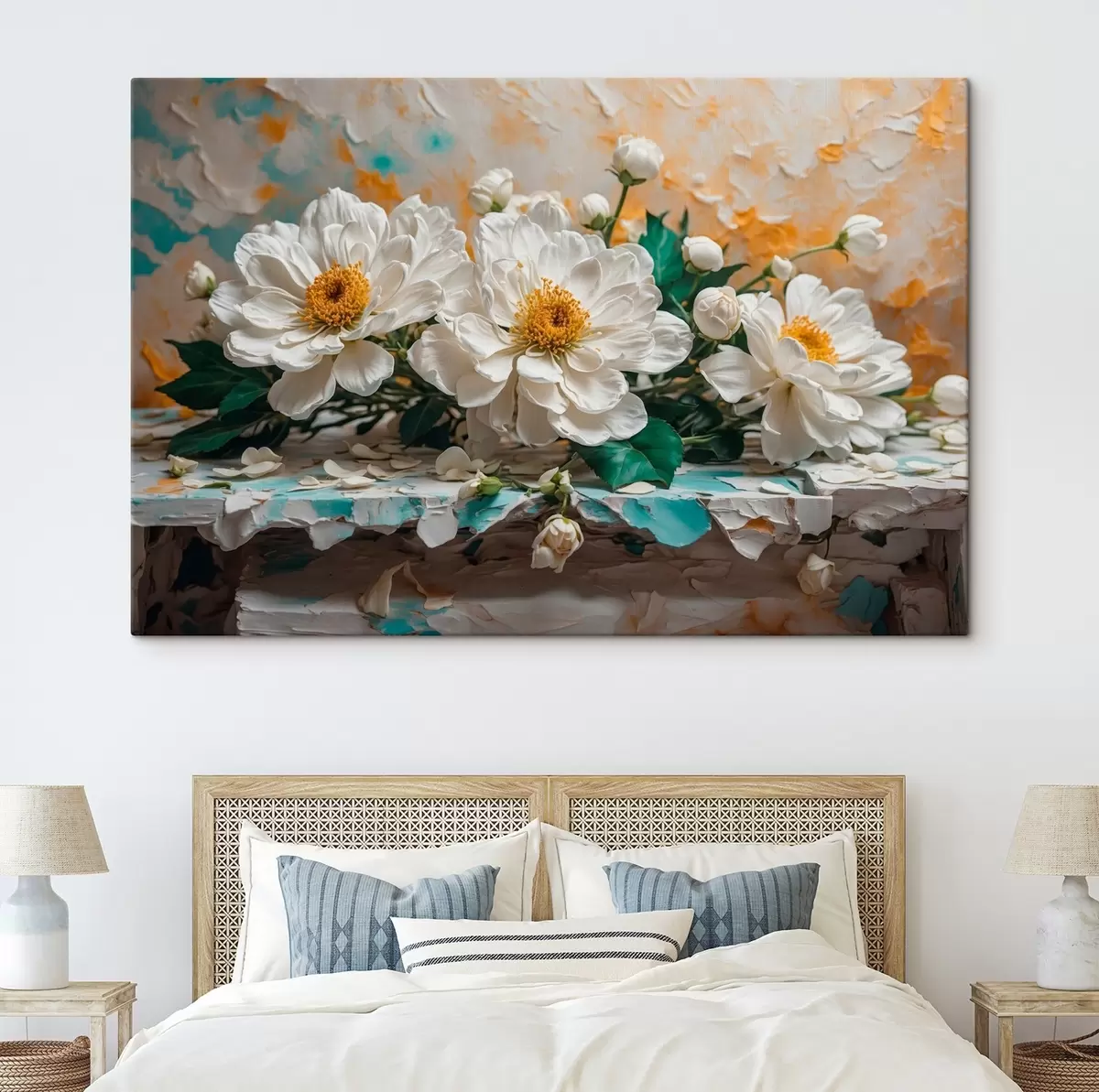 murales de pared Flores blancas en una mesa sobre fondo abstracto s42924