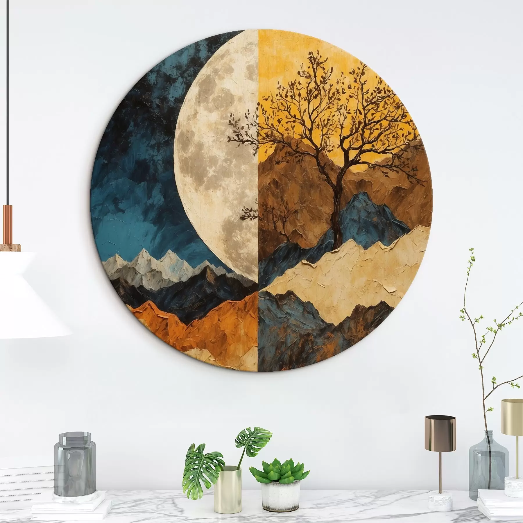 murales de pared Montaña multicolor sobre fondo lunar en pintura acrílica rtyle r42770