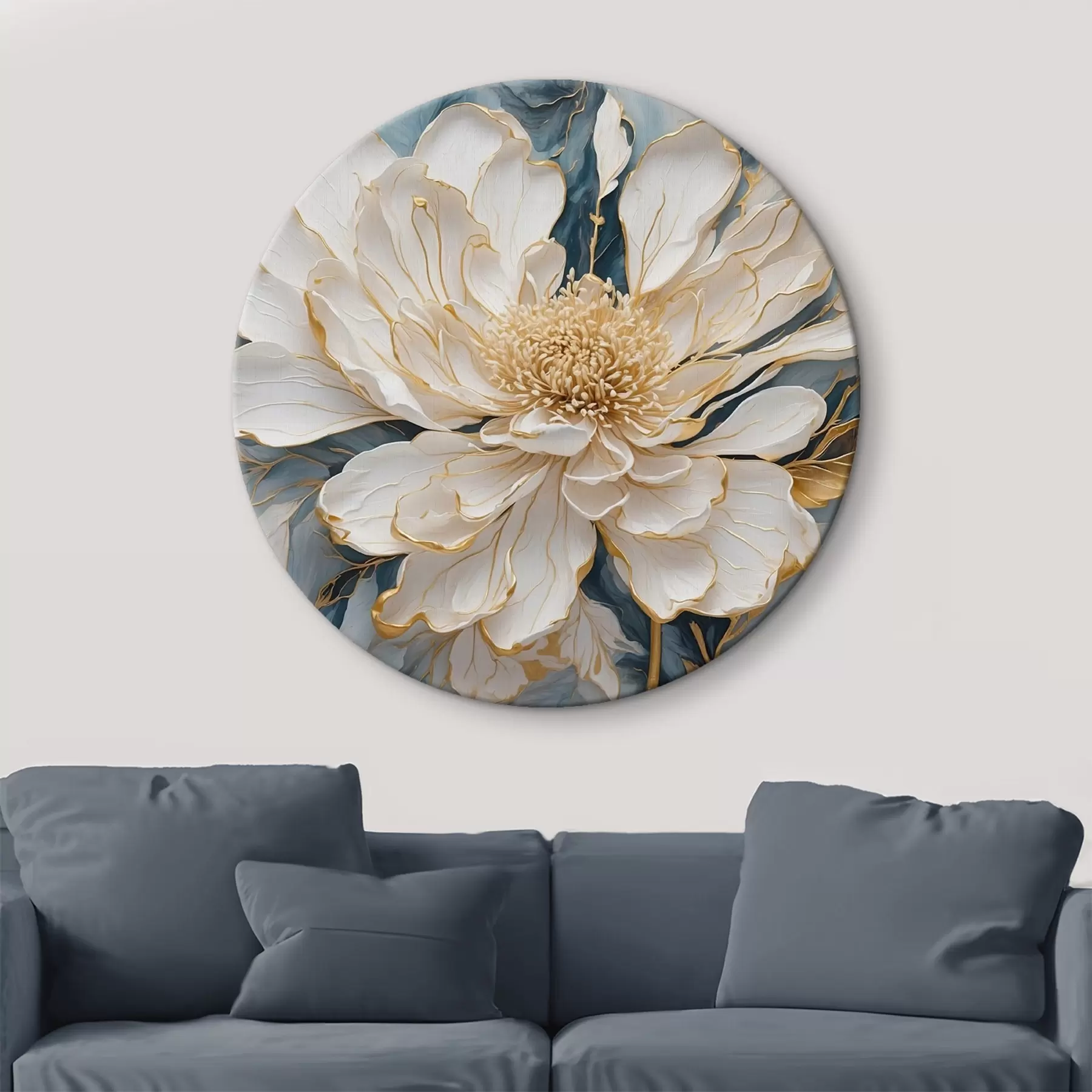 murales de pared Flor blanca con contorno dorado sobre fondo blanco azulado r42923